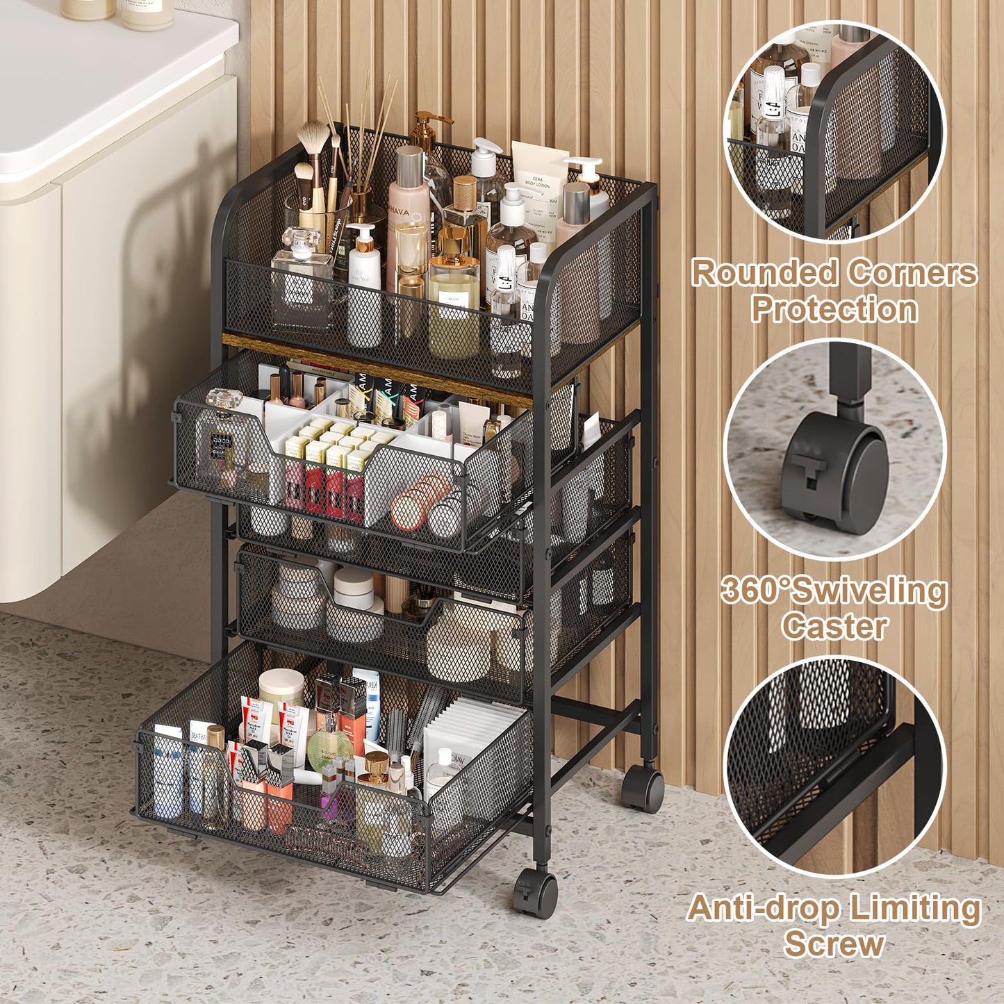 Yociyoga 5-Tier Craft Cart with Wheels-Rolling Storage Cart with Drawers,Rolling Utility Cart with DIY Divider,Art Supply Organizer Cart,Rolling Cart with Drawers,Craft Organizers and Storage,Black