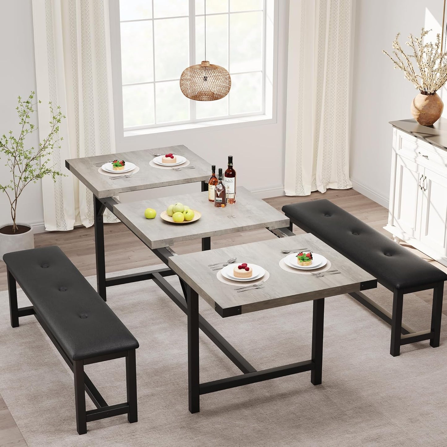 3-Piece Dining Table Set for 4-6 People, Extendable Kitchen Table Set with 2 Upholstered Benches, Dining Room Table Set for Apartment, Kitchen, Living Room, Gray