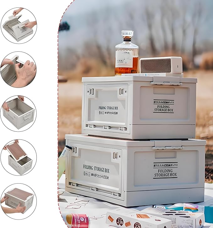 Storage Bin Tote, 55 Qt, Closet Organizer, Collapsible, Wood Lid, 2 Side Doors, Stackable, Plastic (Grey print + wooden lid + roller)