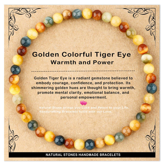 AD Beads 4mm Handmade Golden Colorful Tiger Eye Elastic Bracelet – Natural Gemstone for Warmth and power – Meditation, Yoga, Healing and Energy Gift for Men Women