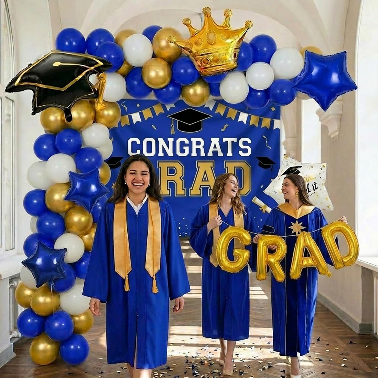 Royal blue White Gold Balloon Garland Arch Kit with backdrop Stars Graduation Cap crown GRAD Letters Mylar Balloons for 2026 graduate Prom Decorations