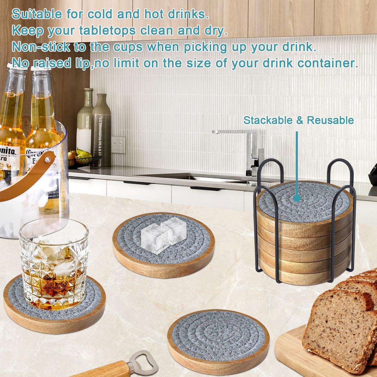 Wood Coasters for Drinks, Absorbent Coaster Sets of 8, Woven Drink Coasters for Coffee Table, Housewarming Gift for Farmhouse Home Decor,4.3 inches Gray