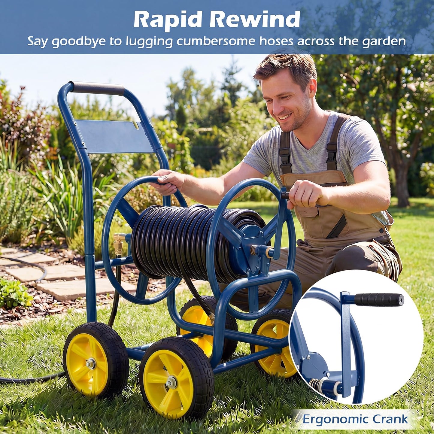 Toolsempire Garden Hose Reel Cart, Mobile Water Hose Cart with Heavy-duty Metal Frame & 4 Solid Wheels, Hold up to 330 ft of 5/8" Hoses, Outdoor Planting Tool for Lawn & Backyard (Navy Blue)
