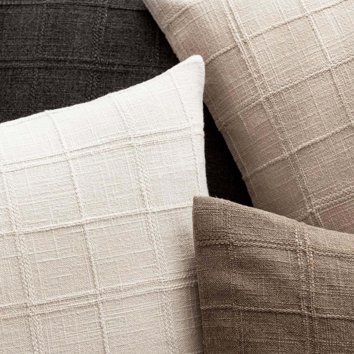Foindtower Set of 2 Decorative Linen Check Throw Pillow Covers Neutral Farmhouse Vintage Cushion Covers Modern Boho Home Decor for Sofa Chair Couch Bedroom Living Room Outdoor,24×24 Inch,Charcoal