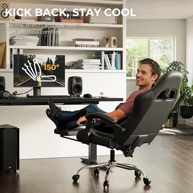 Gaming Chair with Footrest & Massage Lumbar, Ergonomic Computer Chair 330lbs with Headrest Pillow for Office, Home, Streaming and Long Gaming Sessions,Dark Black