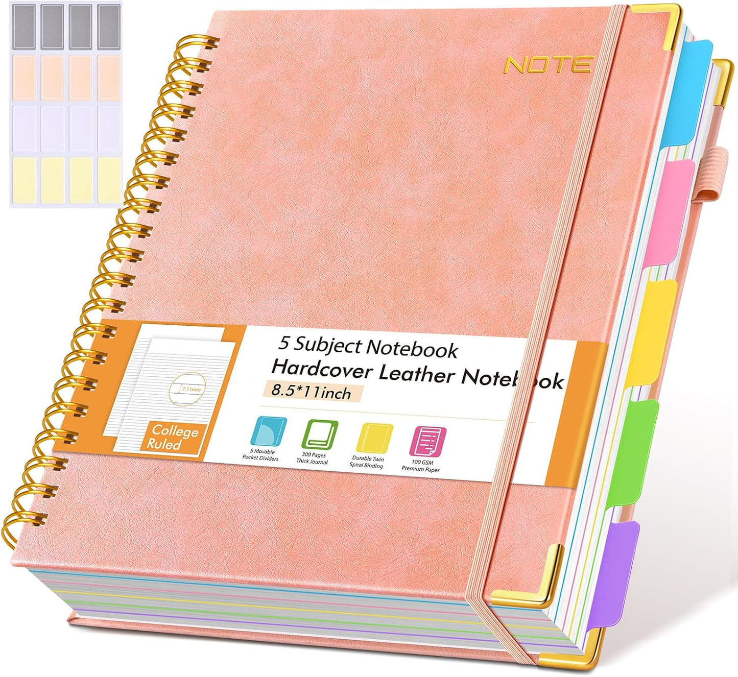 Hardcover Large Spiral Notebook 8.5" x 11" with Removable Dividers Tabs, 300 pages Leather 5 Subject Notebook College Ruled, A4 Journal for Women Men, Notebooks for Work School Note taking, Pink