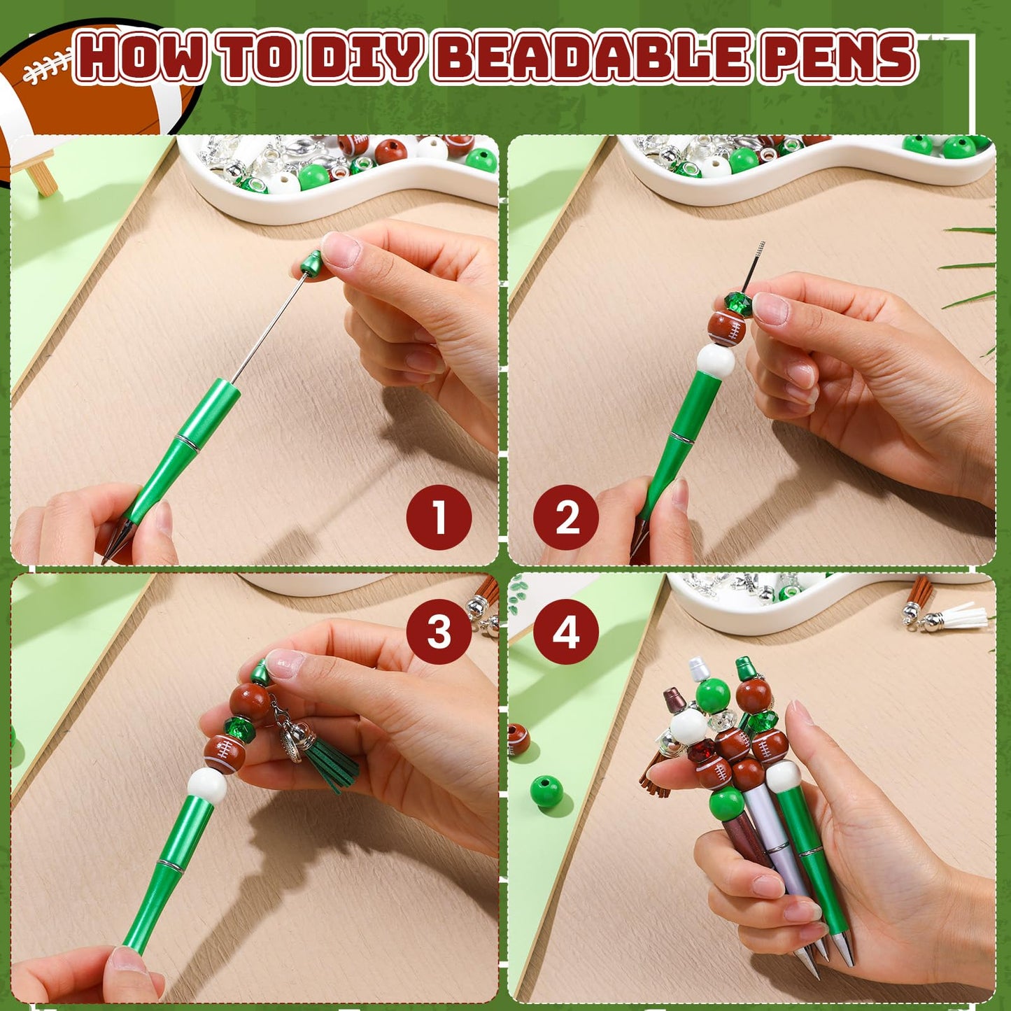 NEWEST 12 Pieces Sports Beadable Pens Plastic Football Bead Pens Included 48 Beads 12 Tassels 12 Pendants Football Beads Pen DIY Making Kit Beadable Ballpoint Pen for Gifts School Office Supplies