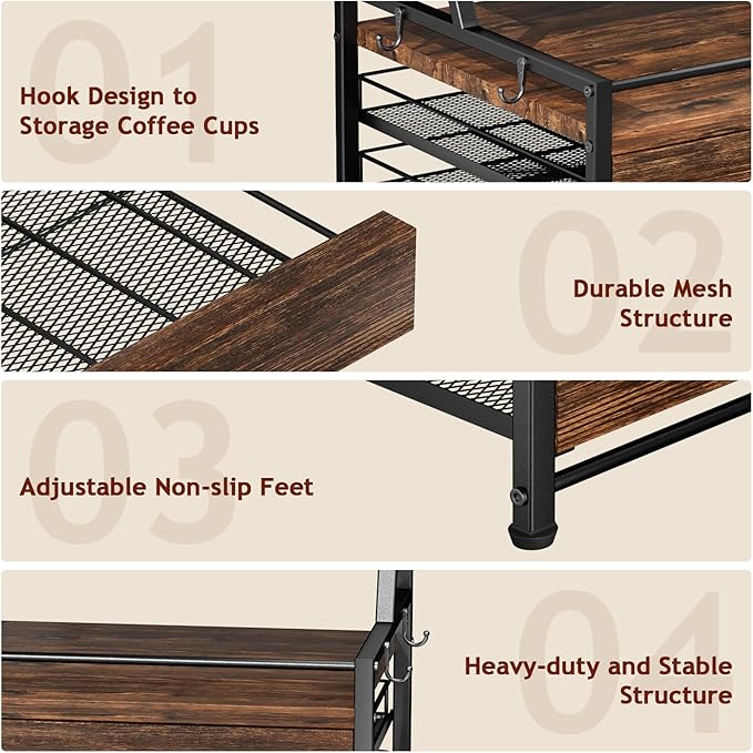 Coffee Syrup Rack Organizer - 4-Tier 8 Syrup Wine Bottles Stand with 82 Storage Drawer for K Cups, Coffee Pod Holder for Countertop, Bar Station, Kitchen, Rustic Brown
