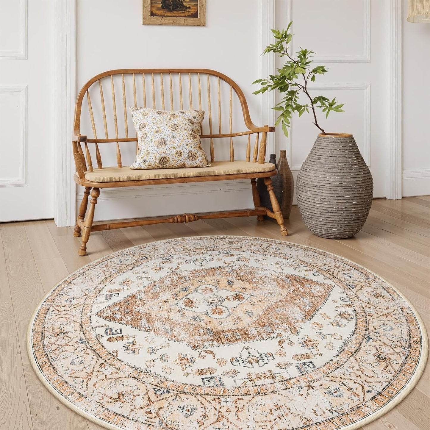 Lahome Boho Round Area Rug - 5Ft Machine Washable Round Bedroom Rugs Non-Slip Throw Large Round Rugs for Living Room, Oriental Distressed Print Circle Rugs for Office Dining Room Kitchen Classroom