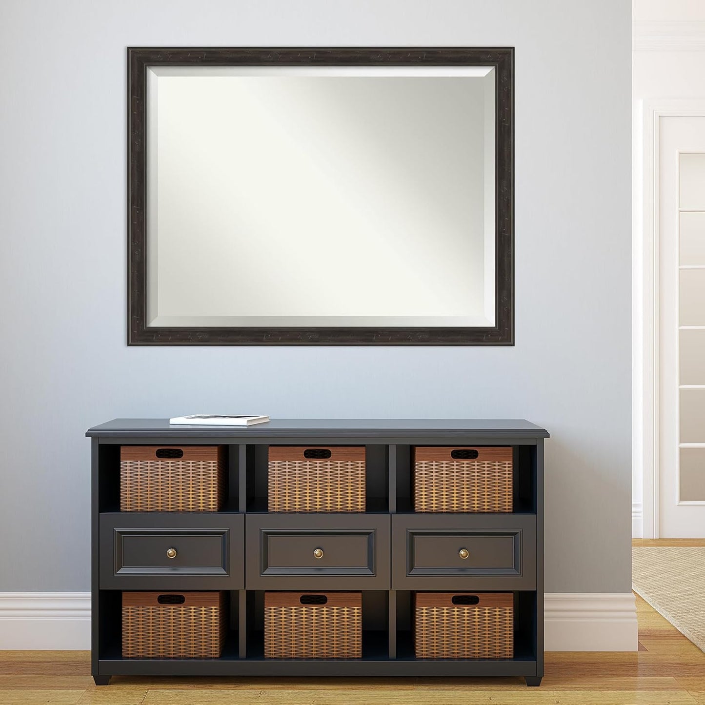 Amanti Art Brown Wall Mirror 34x44 Shipwreck Greywash Narrow Rectangle Bathroom Mirror for Wall Decor Living Room, X-Large Traditional Frame, Hangs Horizonally and Vertically, Bathroom Decor, Beveled