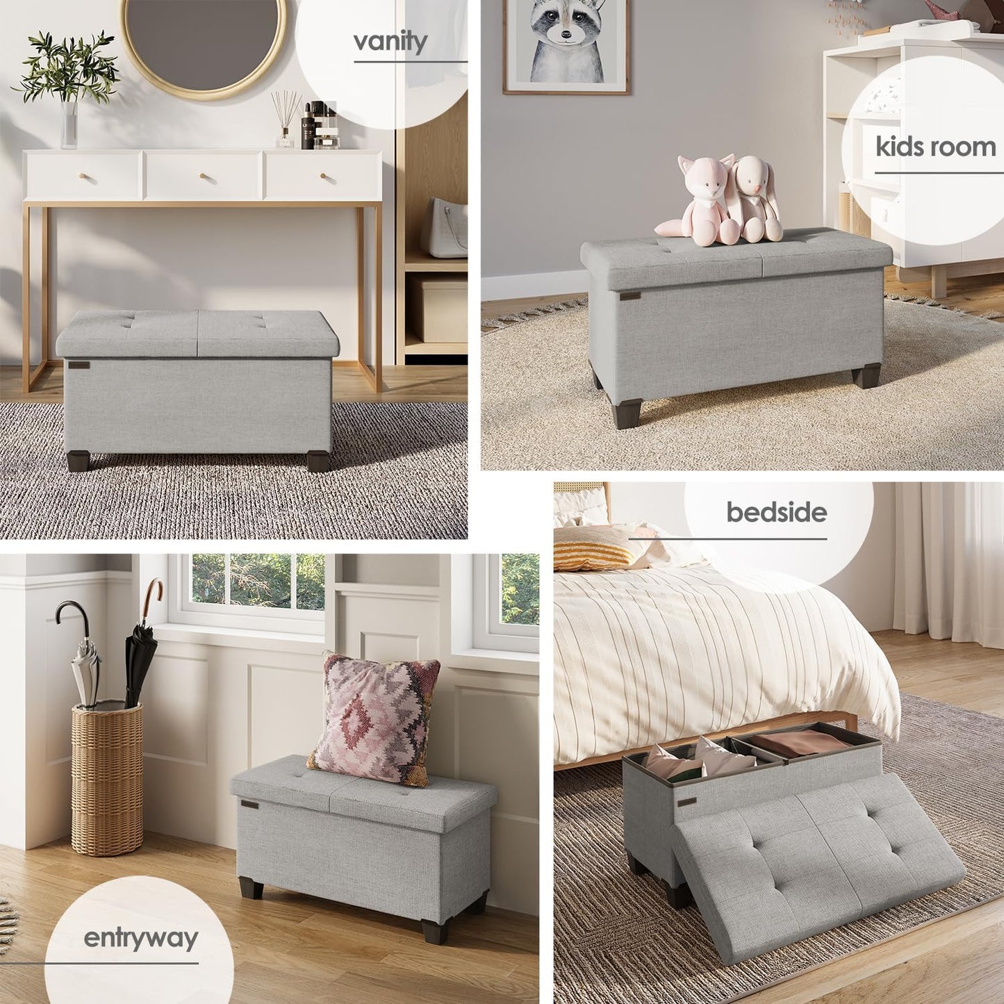 STORAGEBUD Storage Ottoman Bench with Bins, 30-in Storage Bench for Bedroom End of Bed, Folding Foot Rest Ottoman for Living Room Max 660lbs, Fabric Ottomans, Light Grey