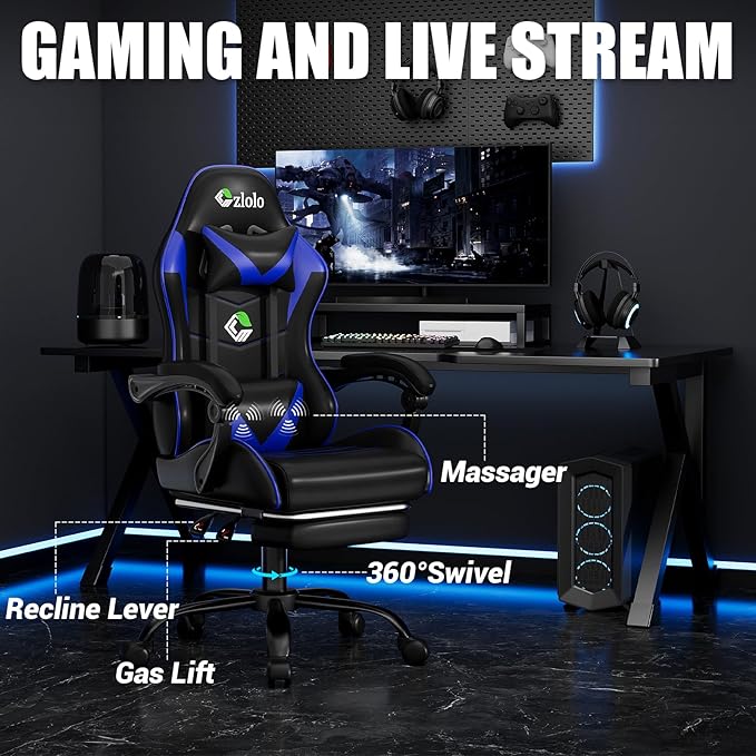 Gaming Chair with Footrest Racing Style Lumbar Support Massager Video Game Chair with Metal Legs, High Back Reclining Gamer Chair with Headrest, 360° Swivel Office Computer Desk Chair (Blue)
