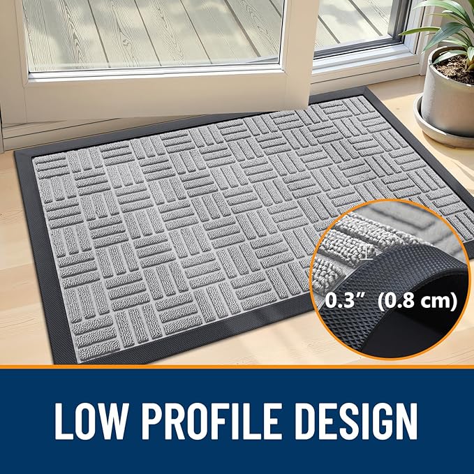 OLANLY Front Door Mat Outside Entrance 47x23, Absorbent, Heavy Duty Sturdy Natural Rubber Doormat Indoor Outdoor, Non-Slip, Stain and Fade Resistant, Low Profile Floor Mat for Entryway, Light Gray