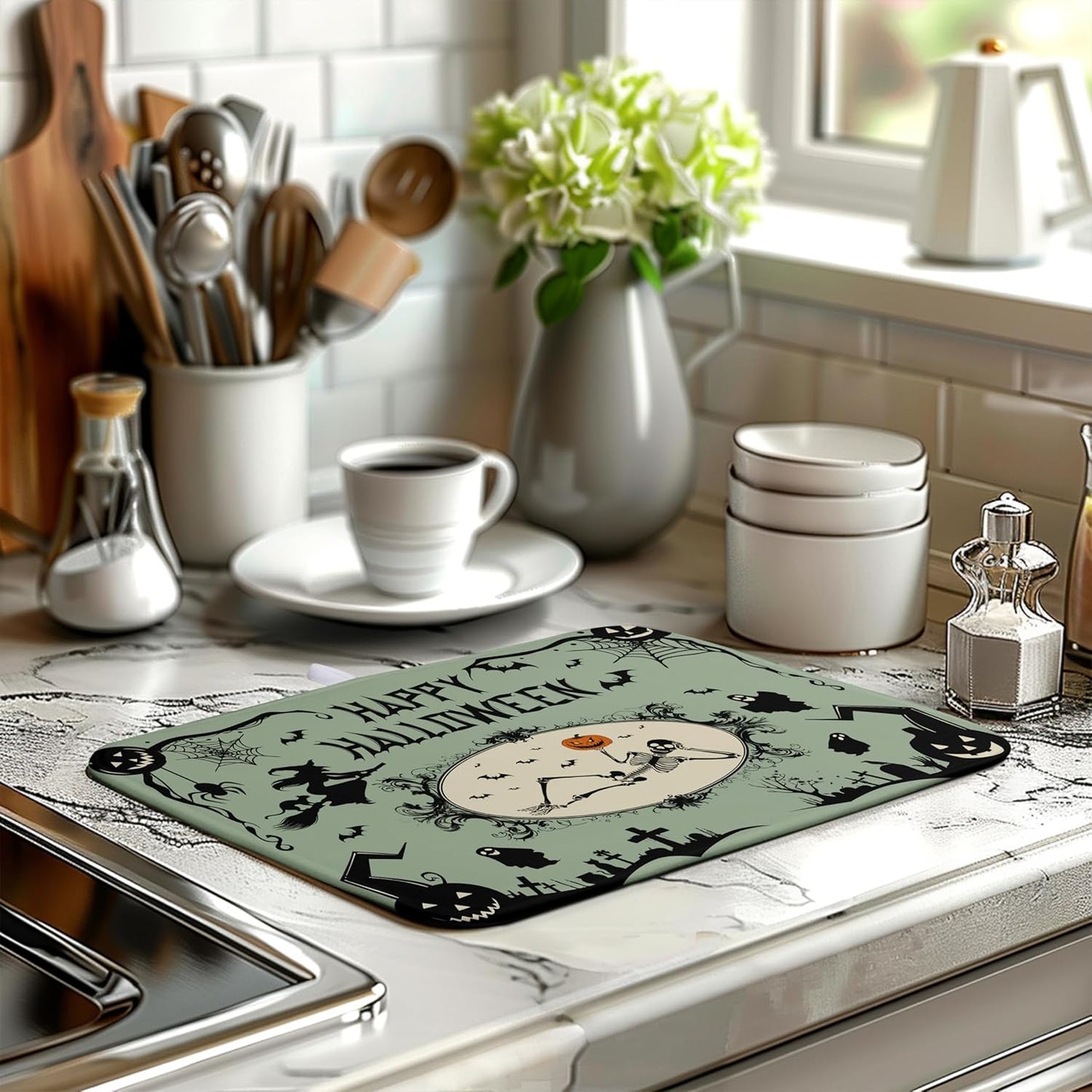 Happy Halloween Dish Drying Mat for Kitchen Counter 16x18 Skull Pumpkin Witch Spider Web Bat Ghost Drying Mats Green Black Absorbent Microfiber Dish Drainer Rack Pad for Coffee Bar
