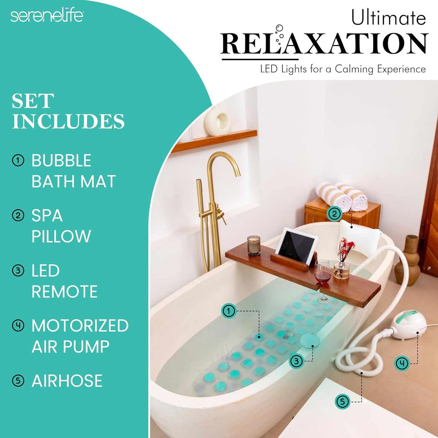 SereneLife Bubble Bath Mat – Portable Spa Mat with Adjustable Intensity, Waterproof LED Light, Pillow and Remote Control for Ultimate Relaxation, 47" x 14.2" (Teal)
