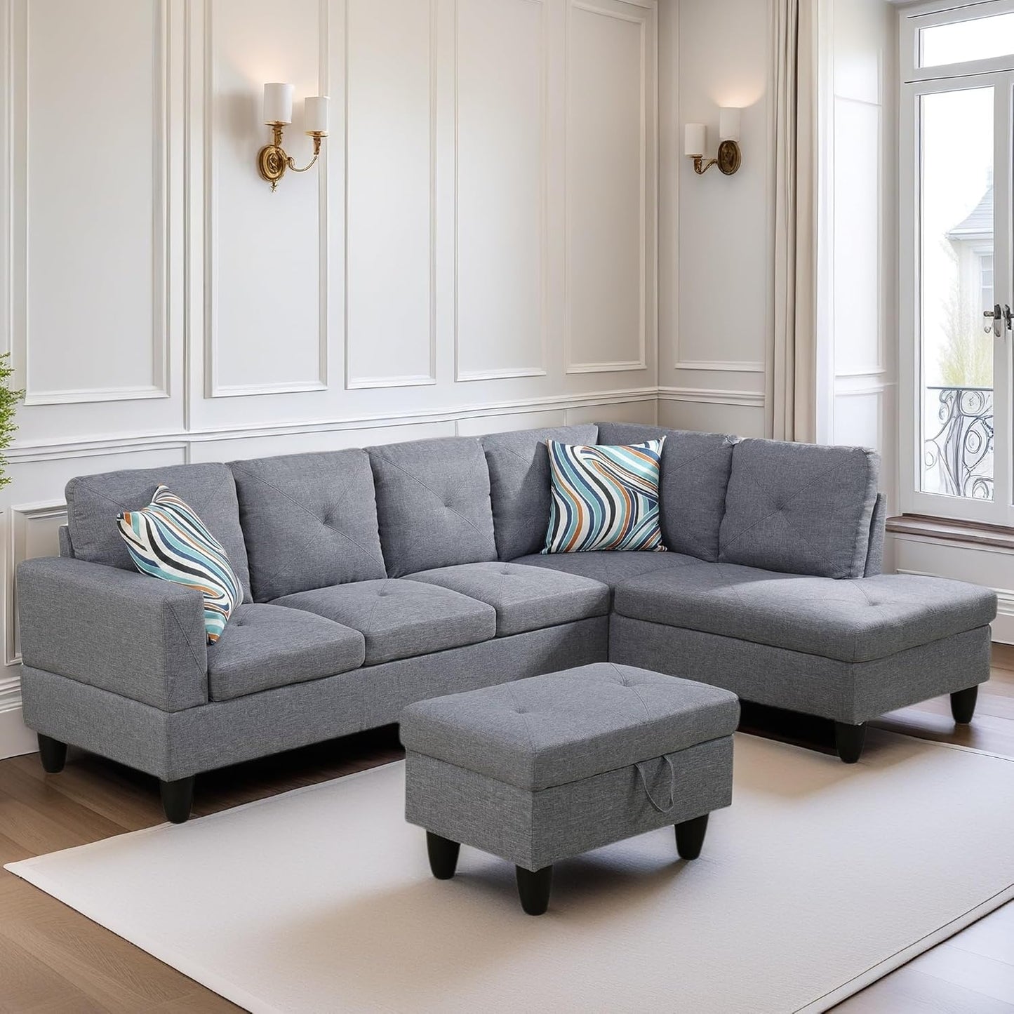 L Shaped Sectional Couch Sofa, Modern Couches for Living Room, Comfy 4 Seat Modular Sectional Sofa with Ottoman Storage for Bedroom Apartment, Gray