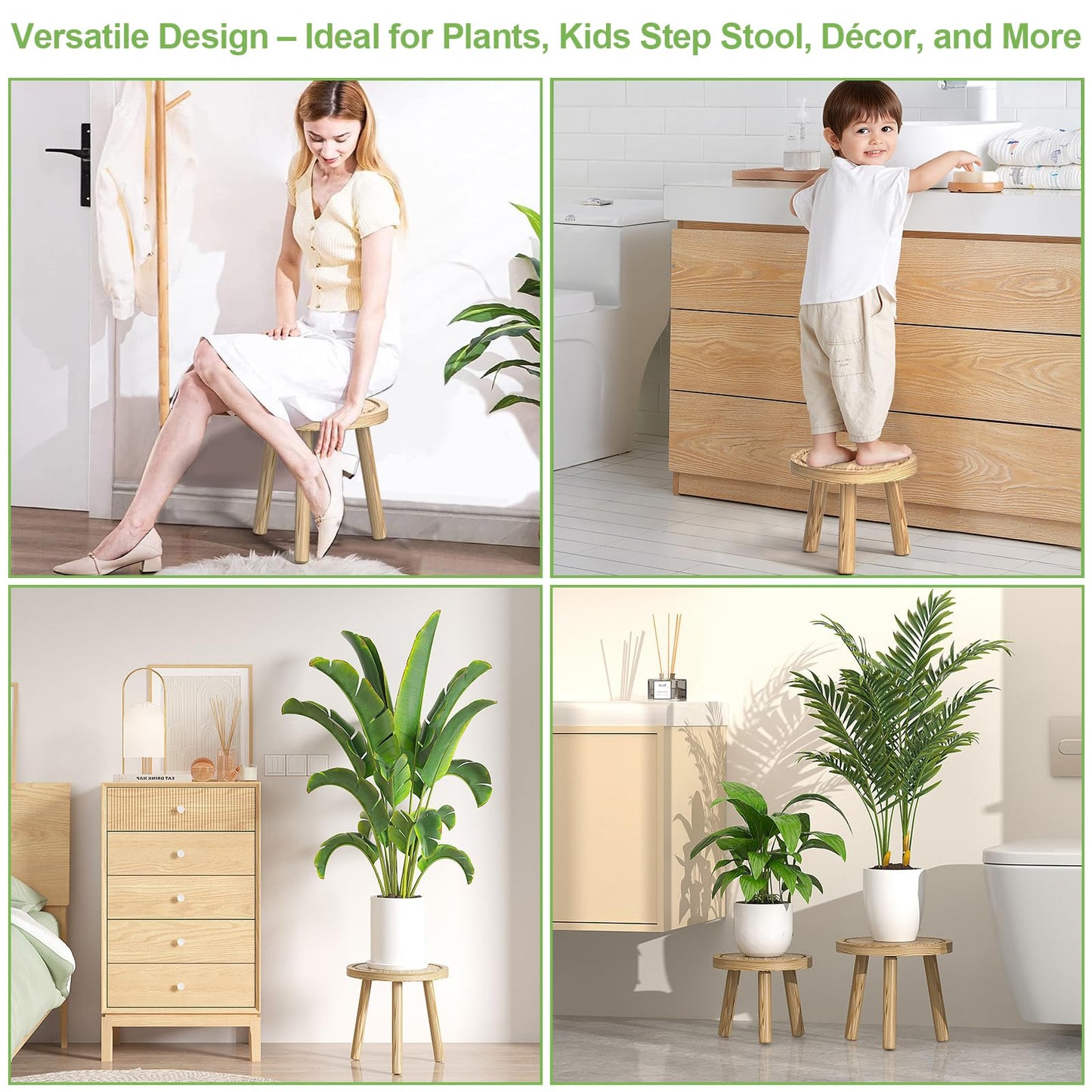 Vecxoty 3-Pack Wood Plant Stands Indoor, Single Plant Stand for 6-12 Inch Pots, Mid-Century Modern Plant Stool, Tall Plant Stand for Large Plants for Living Room, Balcony, Office (Light Brown