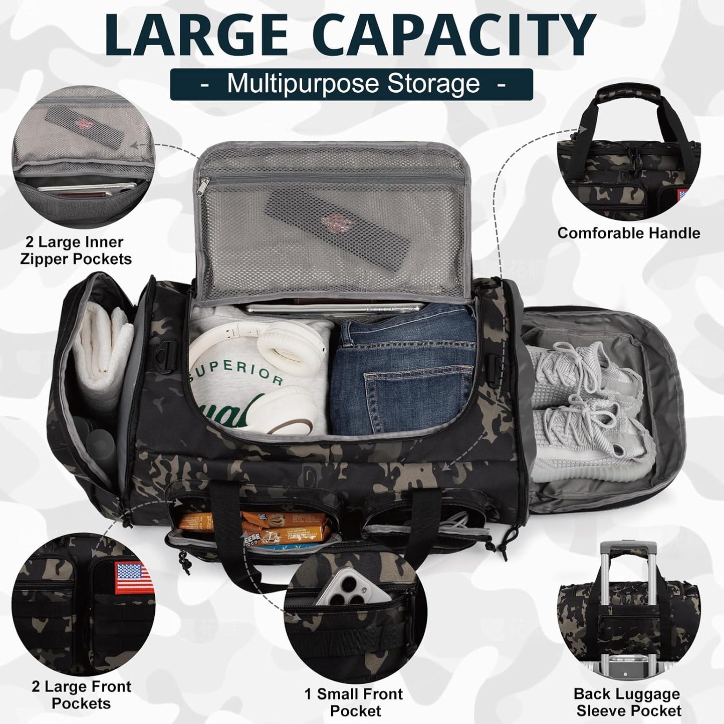 Tactical Gym Bag for Men，50L Large 3 in 1 Sports Duffle Bag with Shoes Compartment for Travel,Water Resistant Travel Backpack Weekender Overnight Bag with Wet Pocket for Women