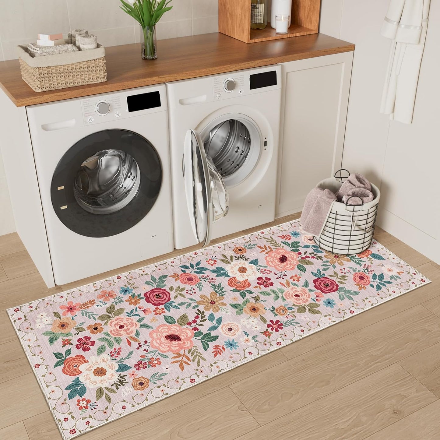 DUKINO 2x5 Runner Rug for Hallway, Washable Kitchen Floral Runner Rug with Non Slip Backing, Low Pile Soft Boho Carpet for Kitchen, Hallway, Entryway, Laundry, Bedroom, Beige