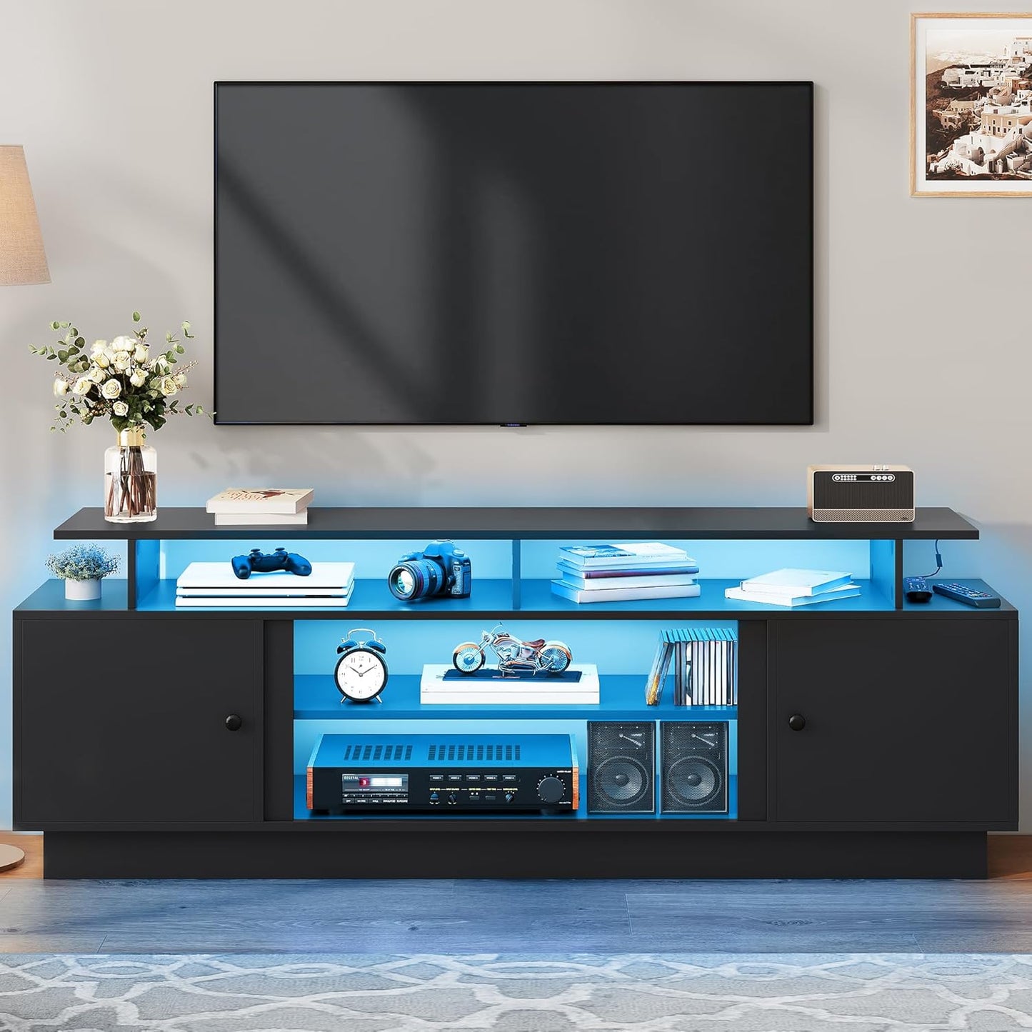 DWVO Modern TV Stand for 65/75 Inch TVs, Entertainment Center with LED Lights, TV Shelf with Storage Cabinets & Movable Partition, TV Console for Living Room, Black