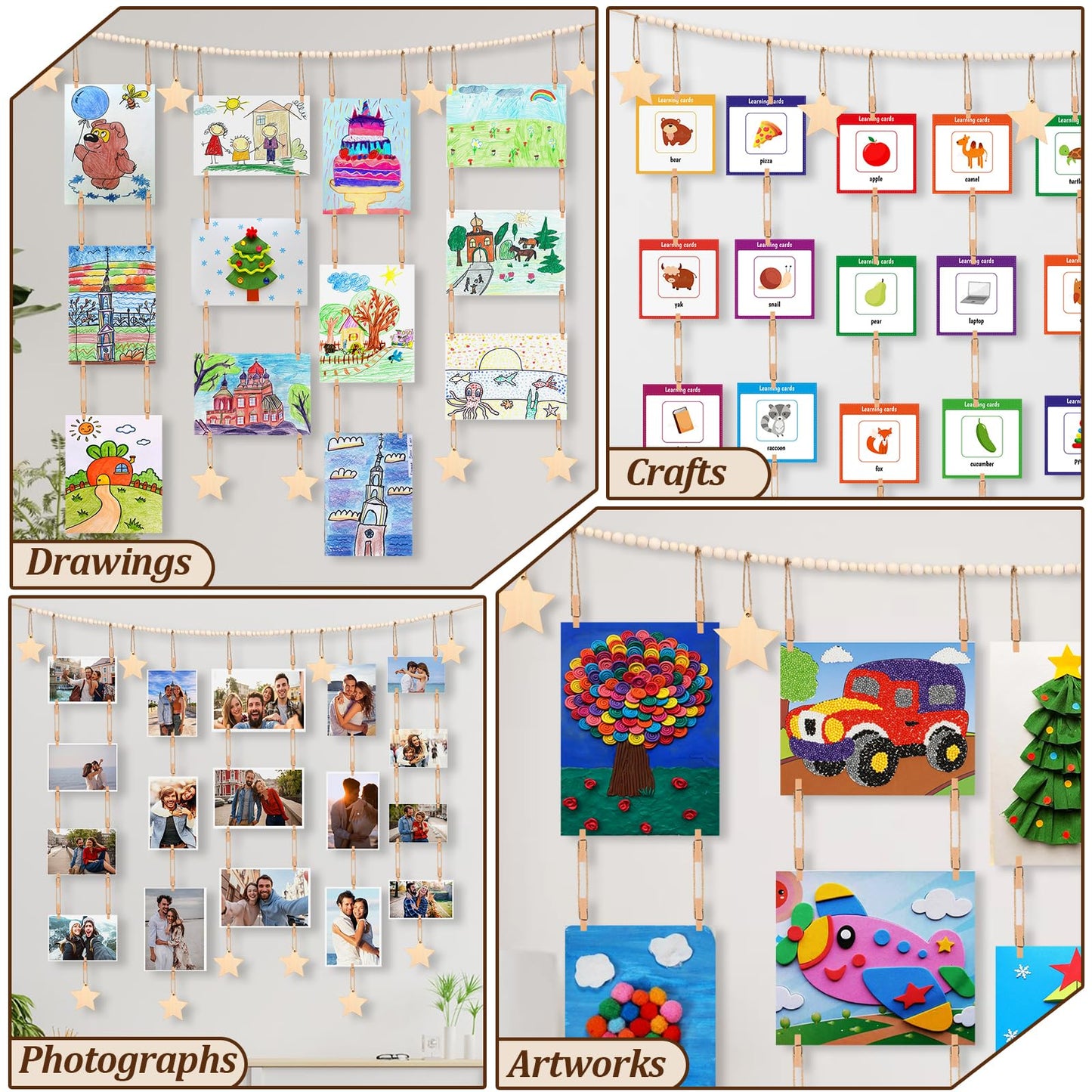 Dexspoeny Art Display for Kids Artwork on Wall with 72 Clips, 48 Twine, Boho Bedroom Living Decor Wooden Stars Beads Garland Decor for Hanging Picture