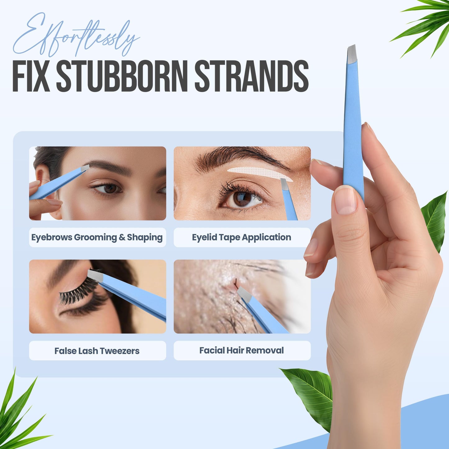 Professional Slant Tip Tweezers - Precision Stainless Steel Eyebrow Plucking Tool for Women and Men, Ingrown Hair Remover, Facial Hair Tweezers for Grooming (Baby Blue)