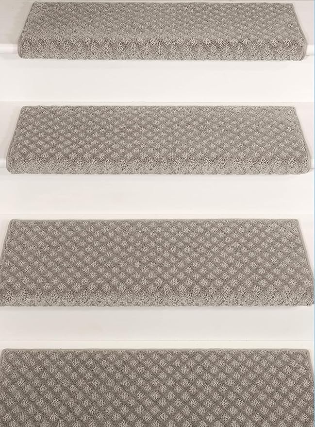 Oak Valley Designs™ Rounded Bullnose Carpet Stair Treads, Anti Slip Indoor Stair Mats for Wooden Stairs - Style: Bayside Charm, Light Grey 35" W X 9.75" D (Set of 14)