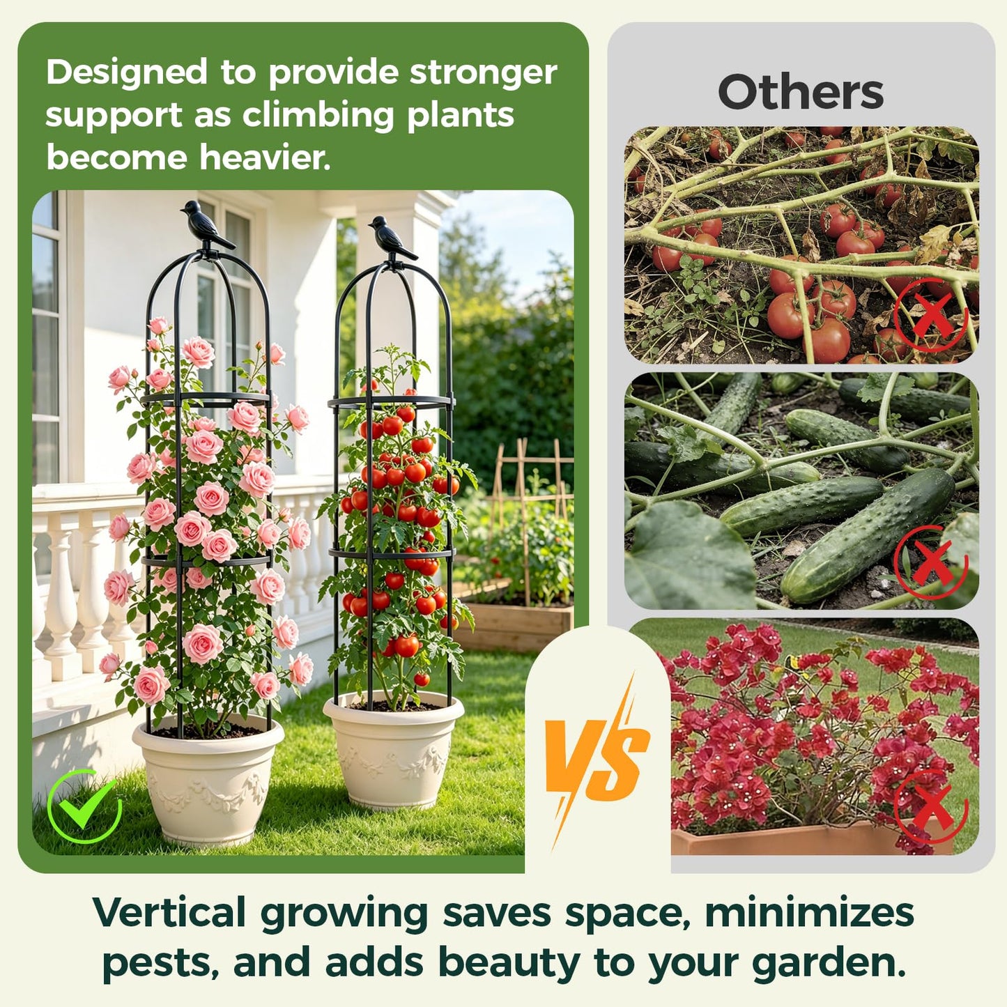 1pcs Garden Obelisk Trellis for Climbing Plants Outdoor, Tomato Cages for Garden, Metal Rustproof Plant Support Trellis for Potted Plants, Rose, Vine, Vegetable for Outdoor & Indoor Use (Black)