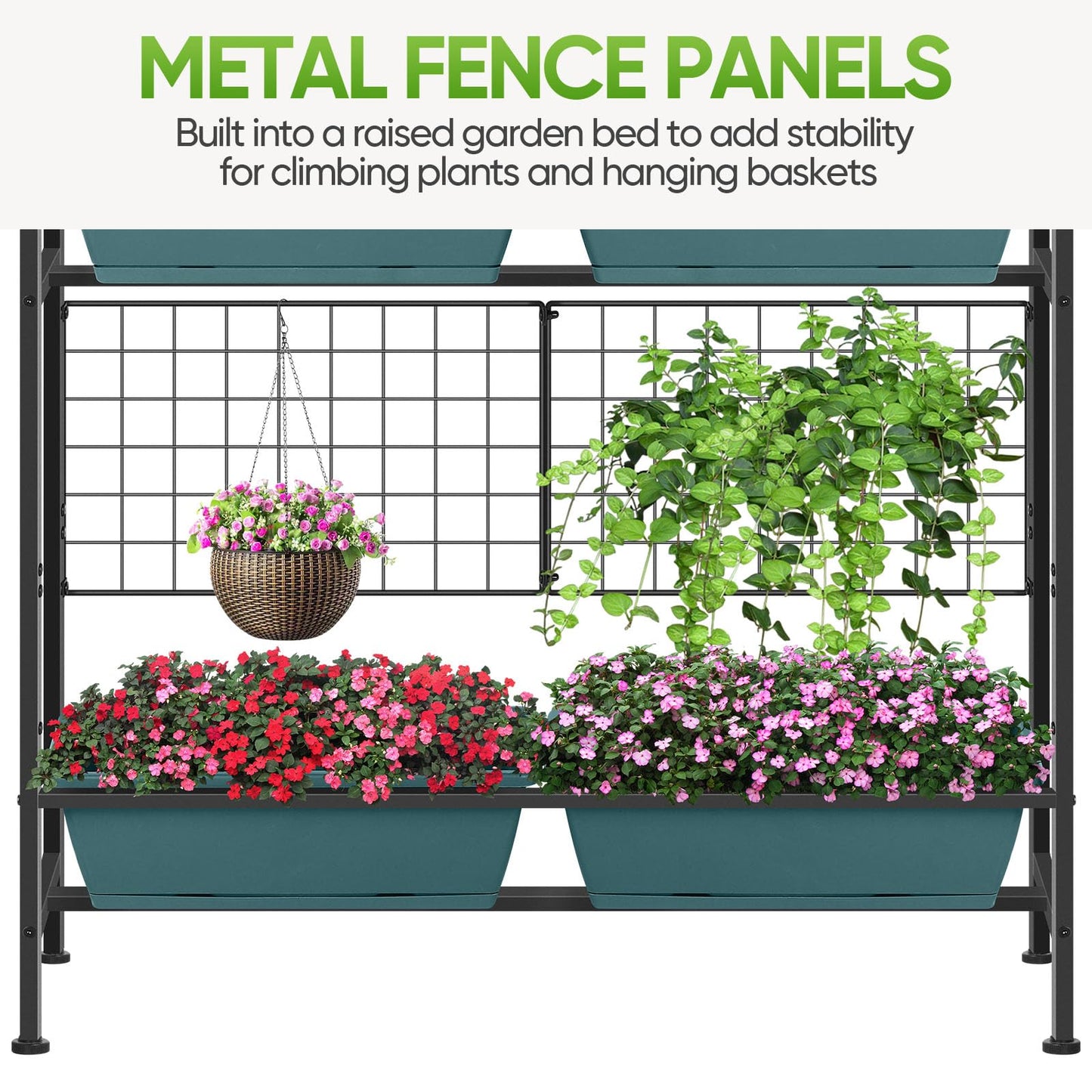 CADUKE Raised Planter Box with Legs, 32" Elevated Vegetable Garden Beds, Raised Garden Bed with Drainage Holes & Trellis, Herb Garden Planter Outdoor for Vegetables, Balcony, Patio, Green