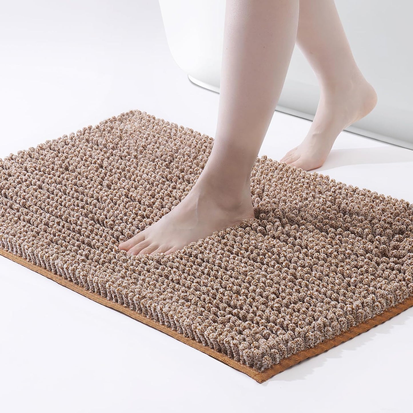 FRESHMINT Chenille Bath Rugs Extra Soft and Absorbent Microfiber Shag Rug, Non-Slip Runner Carpet for Tub Bathroom Shower Mat, Machine-Washable Durable Thick Area Rugs (Caramel Heather, 24" x 17")