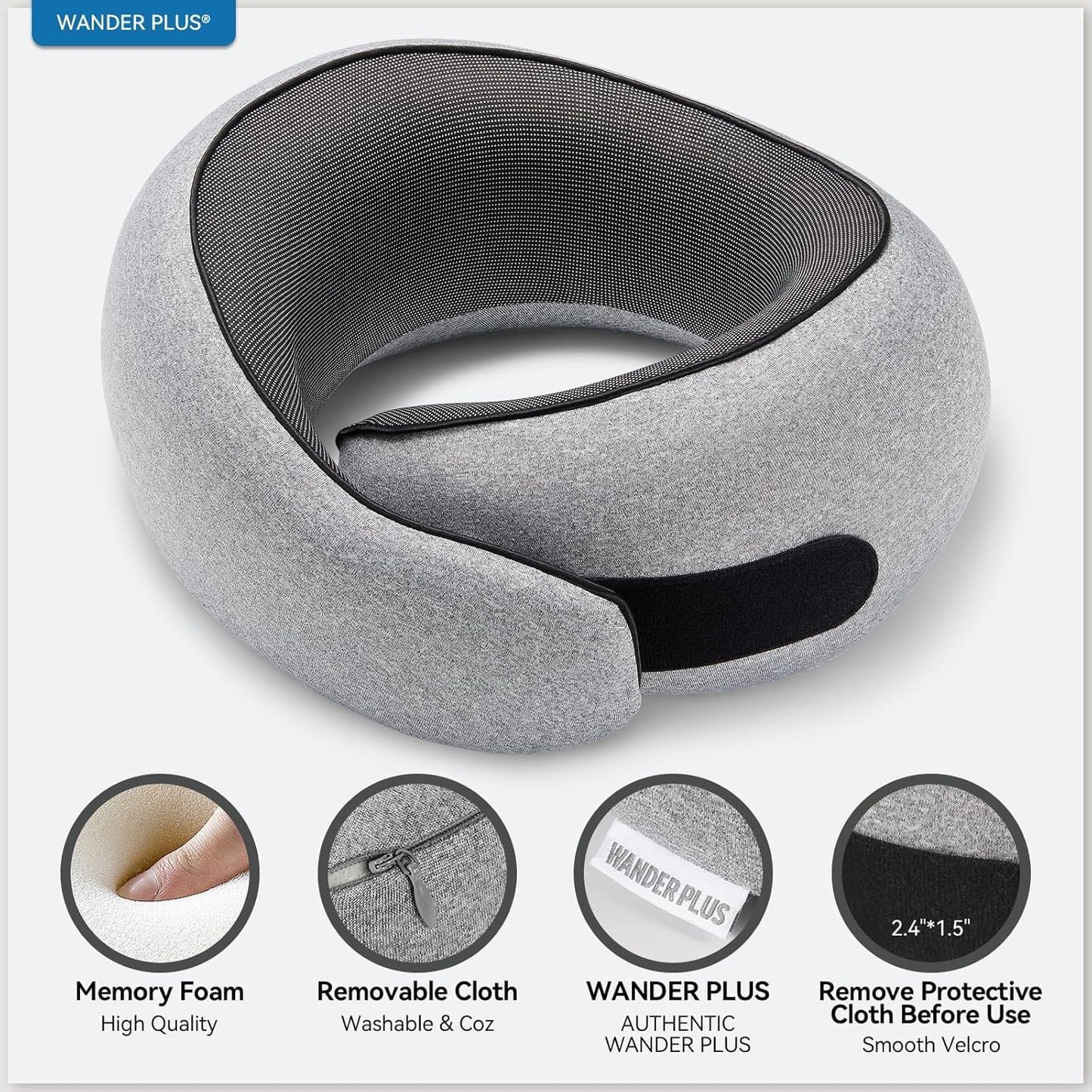 WANDER PLUS® Travel Neck Pillow, Memory Foam Neck Pillow for Airplanes, Comfortable Breathable Cover, 360 Degree Support Ergonomic Design Best for Sleeping Plane Train Travel Essentials Max Sky Blue