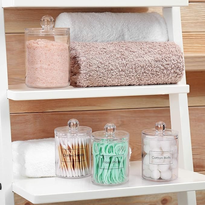 4 Pack Acrylic Qtip Holder Dispenser for Cotton Swabs, Balls, Pads, Floss Picks- Small Clear Plastic Canister Apothecary Jar Set, Bathroom Essentials Accessories Decor, Vanity Makeup Storage Organizer