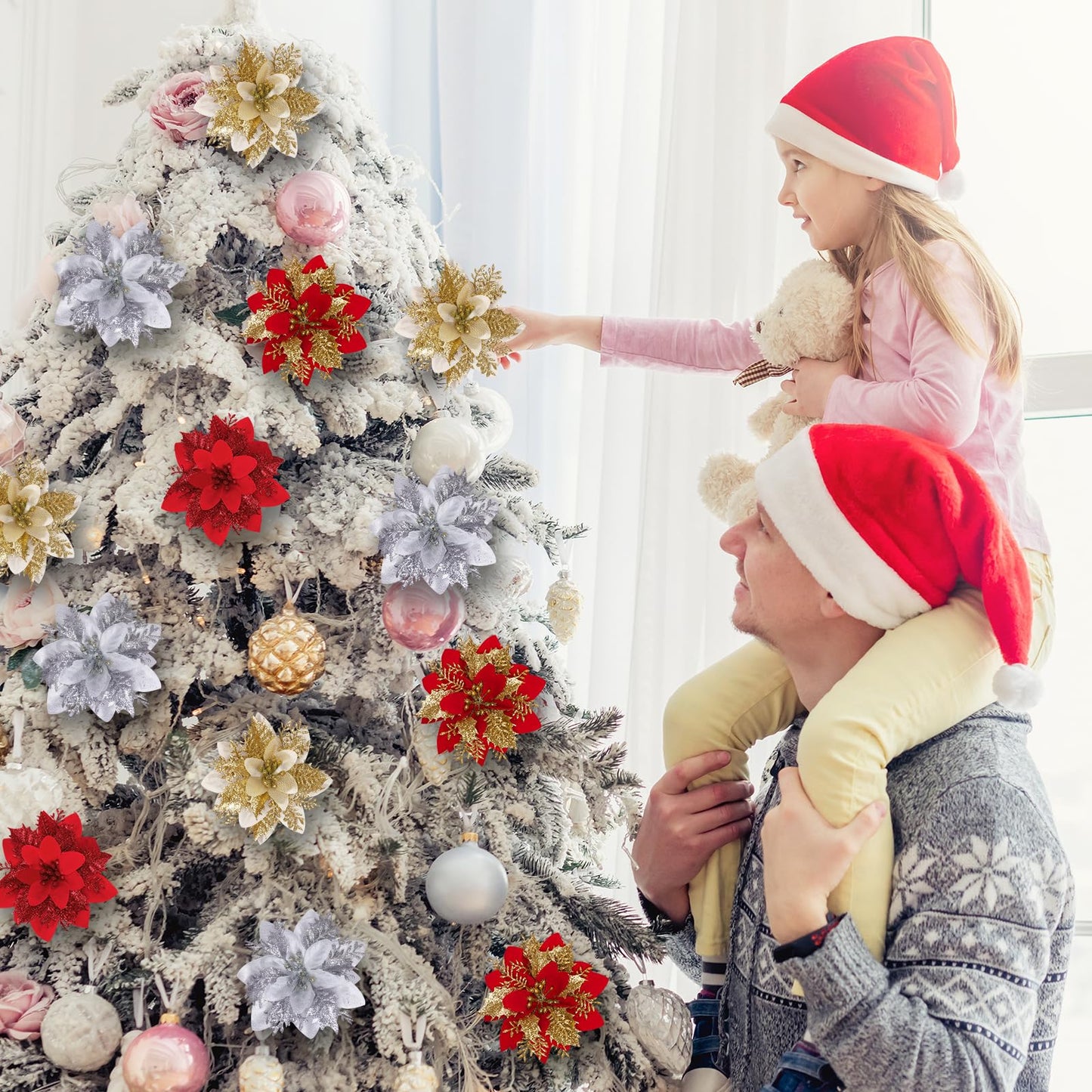 48 Pcs Christmas Poinsettia Artificial Flowers with Clips 5.5" Christmas Tree Wreaths Garland Decoration Glitter Flowers Picks Decor with Stems for DIY Xmas Wreath New Year Holiday Home Party Decor