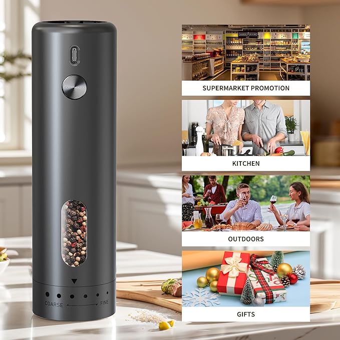 Electric Salt and Pepper Grinder Set Automatic Pepper Mill Shakers Adjustable Coarseness Easy Filling Upgraded USB Rechargeable Electric Spice Mill Set with Led (2 Pack Black/Black）
