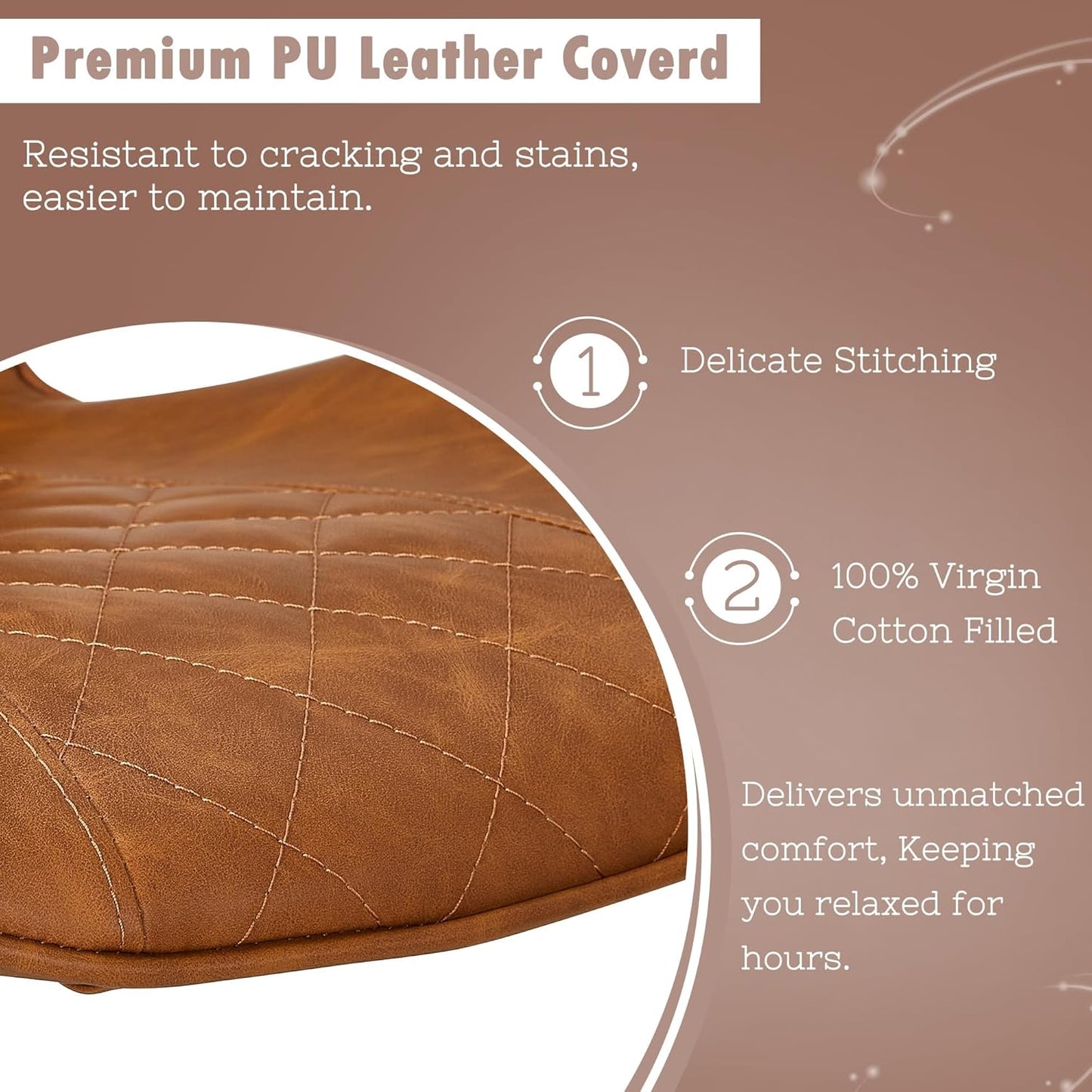 VECELO Quilted Bar Stools Set of 2, Bar Height Bar Stools with Back & Footrest, PU Leather with Stitching, Mid-Century Modern, 100% Virgin Cotton, 30" Tall, for Kitchen Home Bar, Caramel Brown