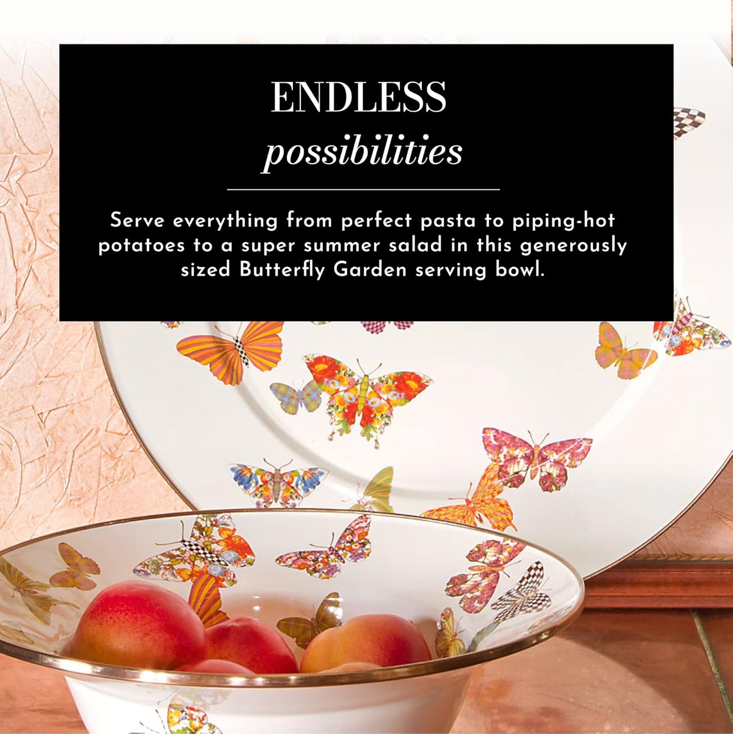 MACKENZIE-CHILDS Enamel Serving Bowl, Enamel Serveware Bowl, 12 Inches, Butterfly Garden
