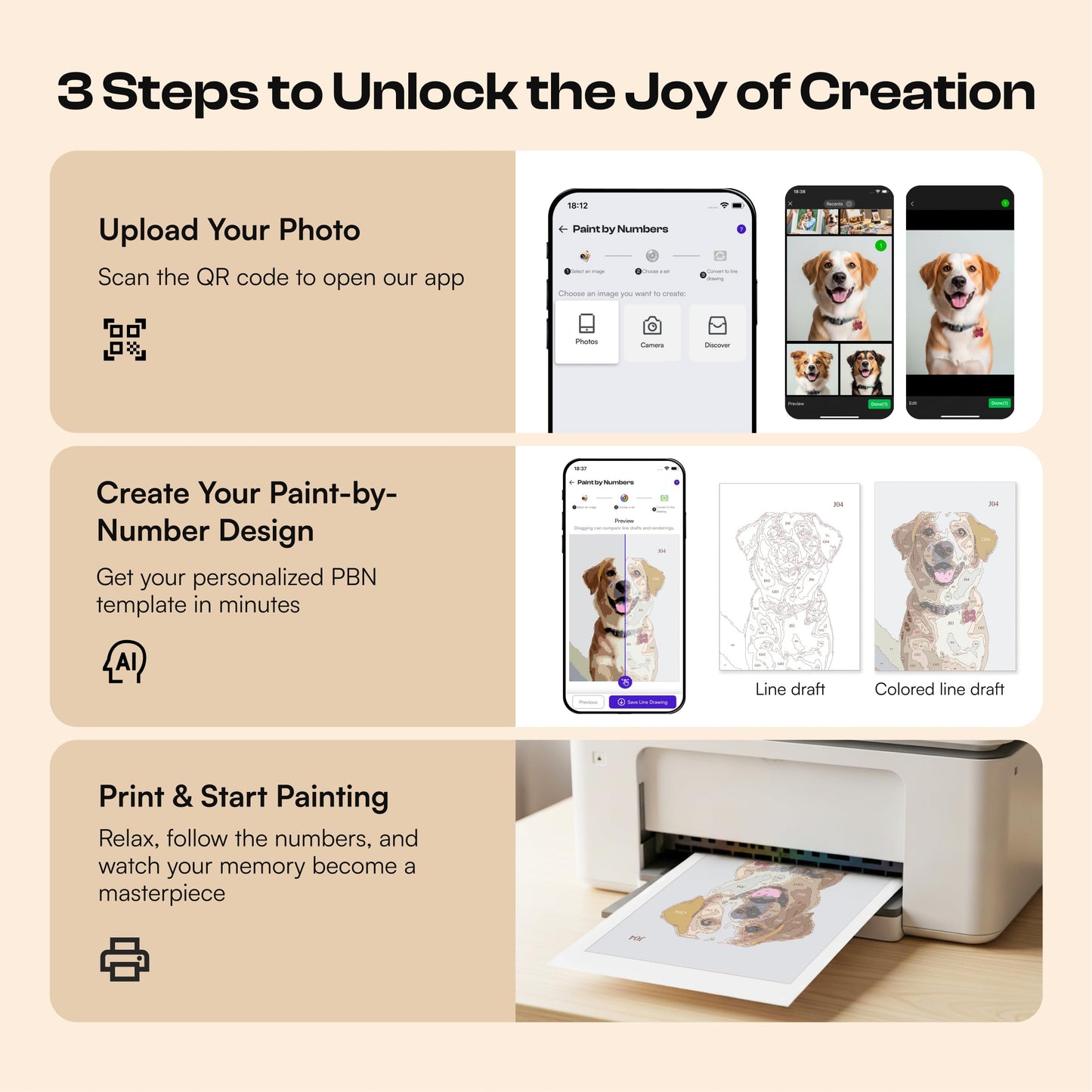 Caydo 4 Pack Custom Paint by Numbers Kit for Adults, Turn Your Photo into Paint Templates via App, A4 Canvases, 10 Brushes & 60 Colors, Relaxing Crafts Gift for Dog Lovers to Create Home Wall Art