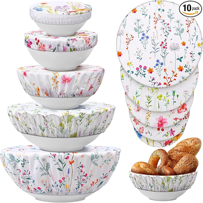 Patelai 10 Pcs Bowl Covers Reusable in 5 Size Stretch Cloth Fabric Elastic Food Storage Bowl Covers Bread Sourdough Lids for Proofing Food Fruits Leftover(Colorful,Spring Style)
