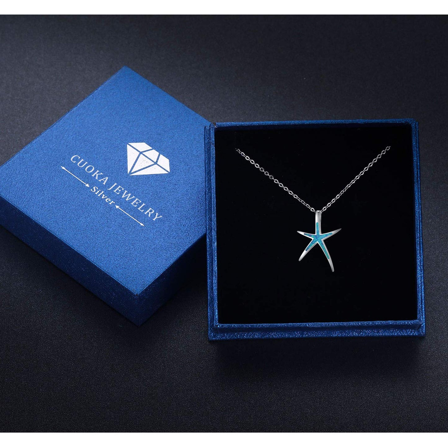 Cuoka Starfish Necklace, 925 Sterling Silver with Blue Opal, Hawaiian Beach Nautical Ocean Pendant, Starfish Jewelry Opal Jewelry for Women Girlfriend