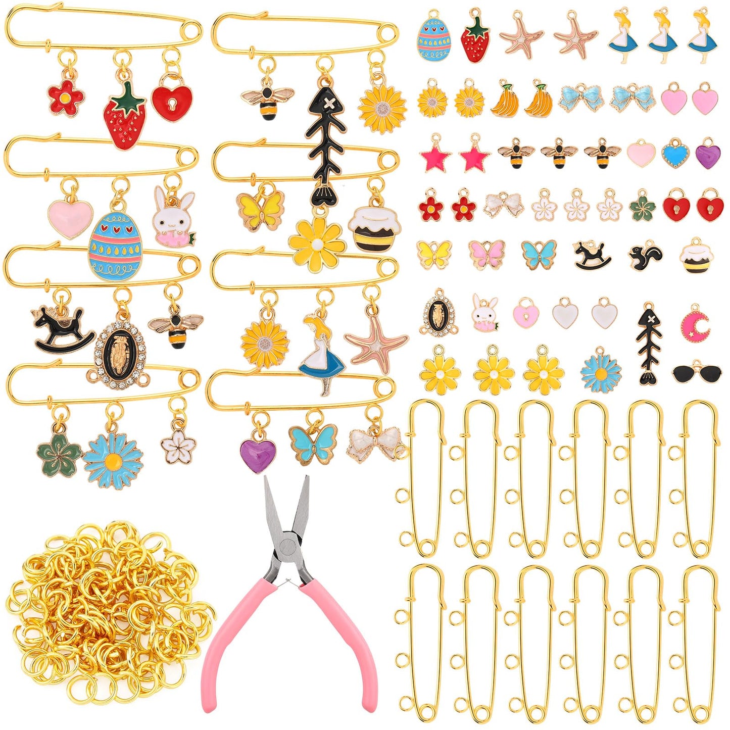 Tondiamo 131 Pcs Brooch Pins Making Kit Brooch Charms for Women Shirt Sweater Shawl Clips Bling DIY with 50 Pendants 50 Jump Rings and Tool Safety Pins with 3 Loops Bulk for Sock Pant Waist Tightener