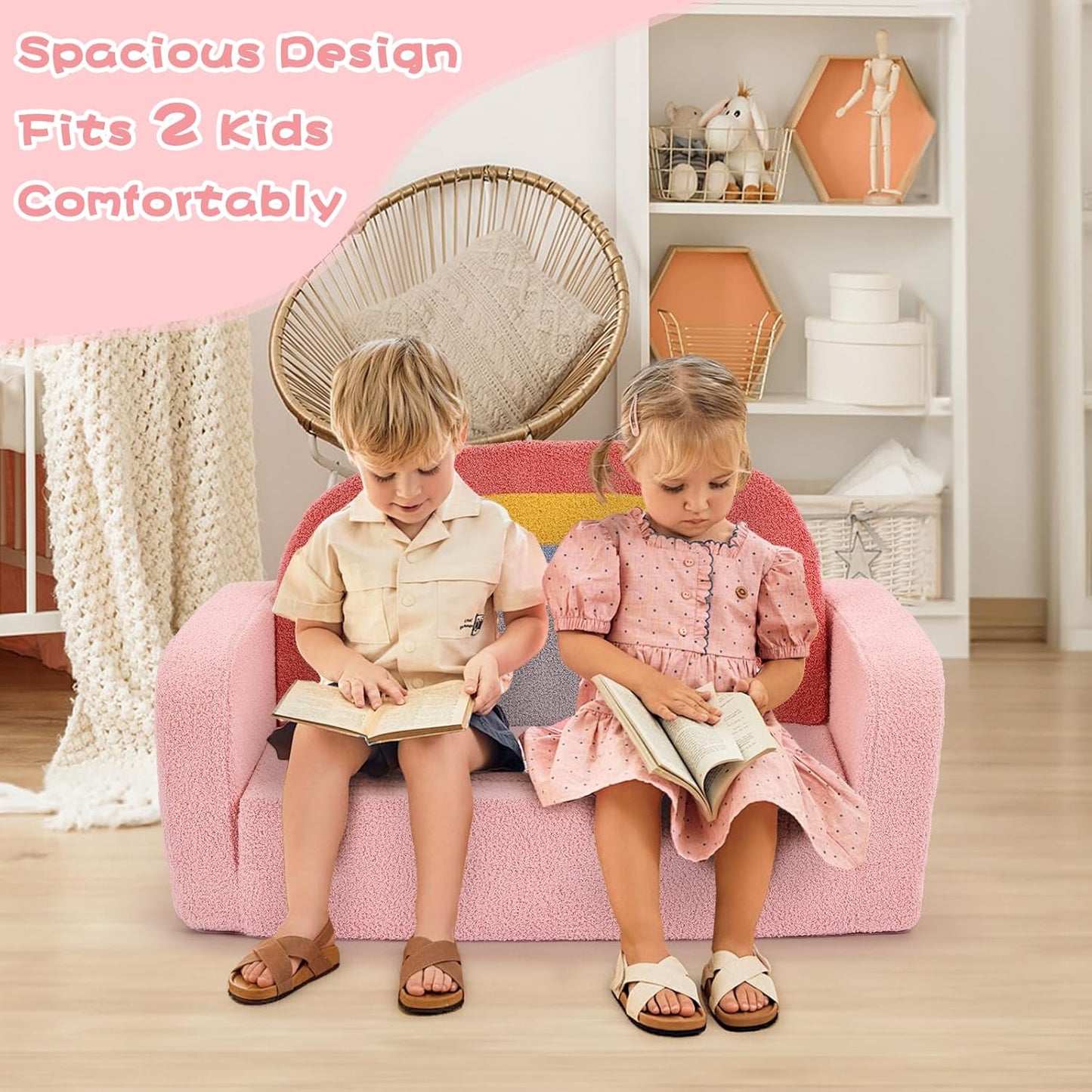 Extra Wide Kids Couch, 2-in-1 Soft Toddler Couch with Blanket, Comfy Toddler Chair, Convertible Sofa to Lounger with Cute Colorful Rainbow Design, Pink