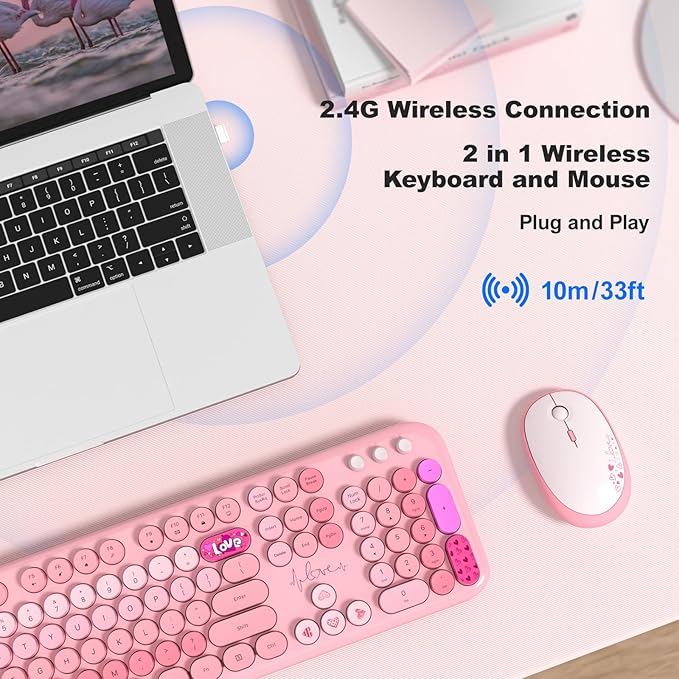 MOFII Wireless Keyboard and Mouse Combo, 2.4GHz Retro Typewriter Keyboard Full Size, Quiet Click Mouse for PC, Laptop, Desktop, Computer, Windows (Pale Pink)