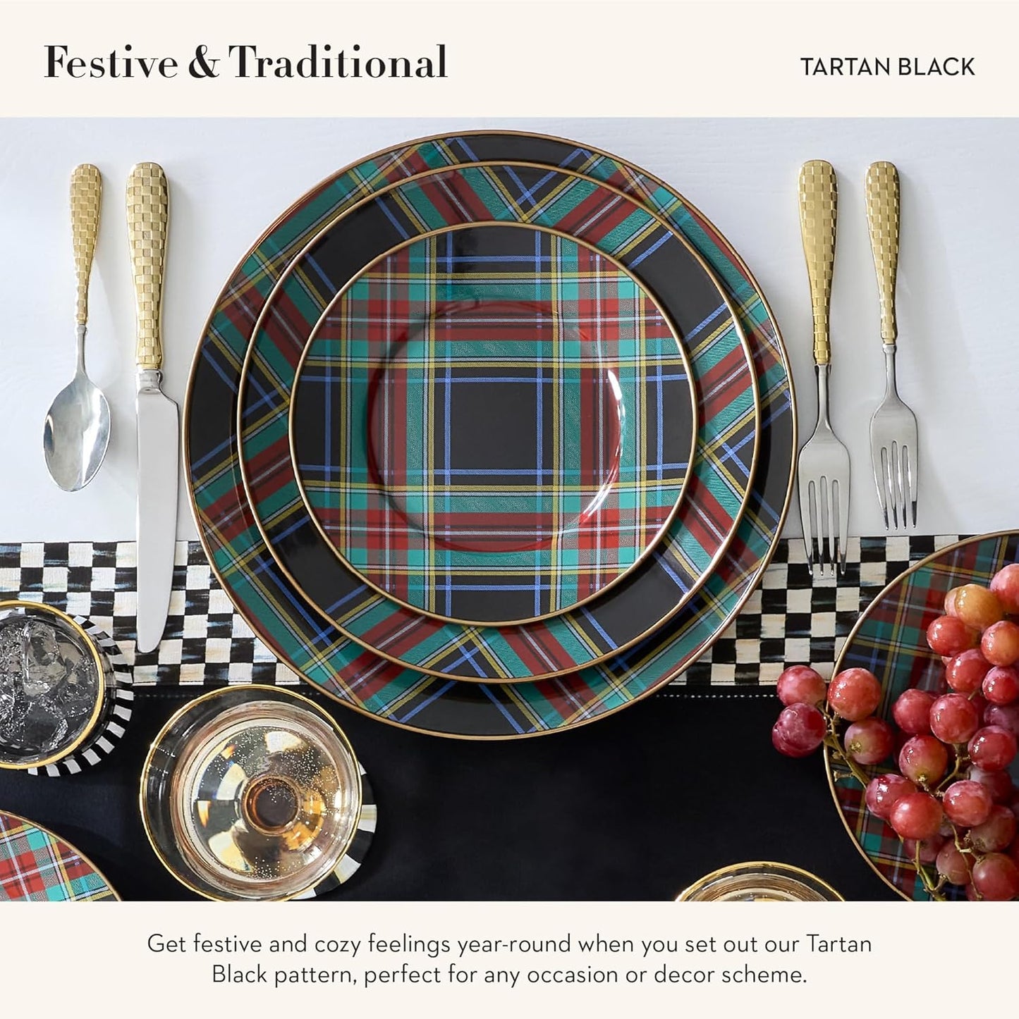MACKENZIE-CHILDS Enamel Charger Plate, Charger Decoration for Dinner Plates or Home Decor, 12 Inches, Black Tartan, Set of 1
