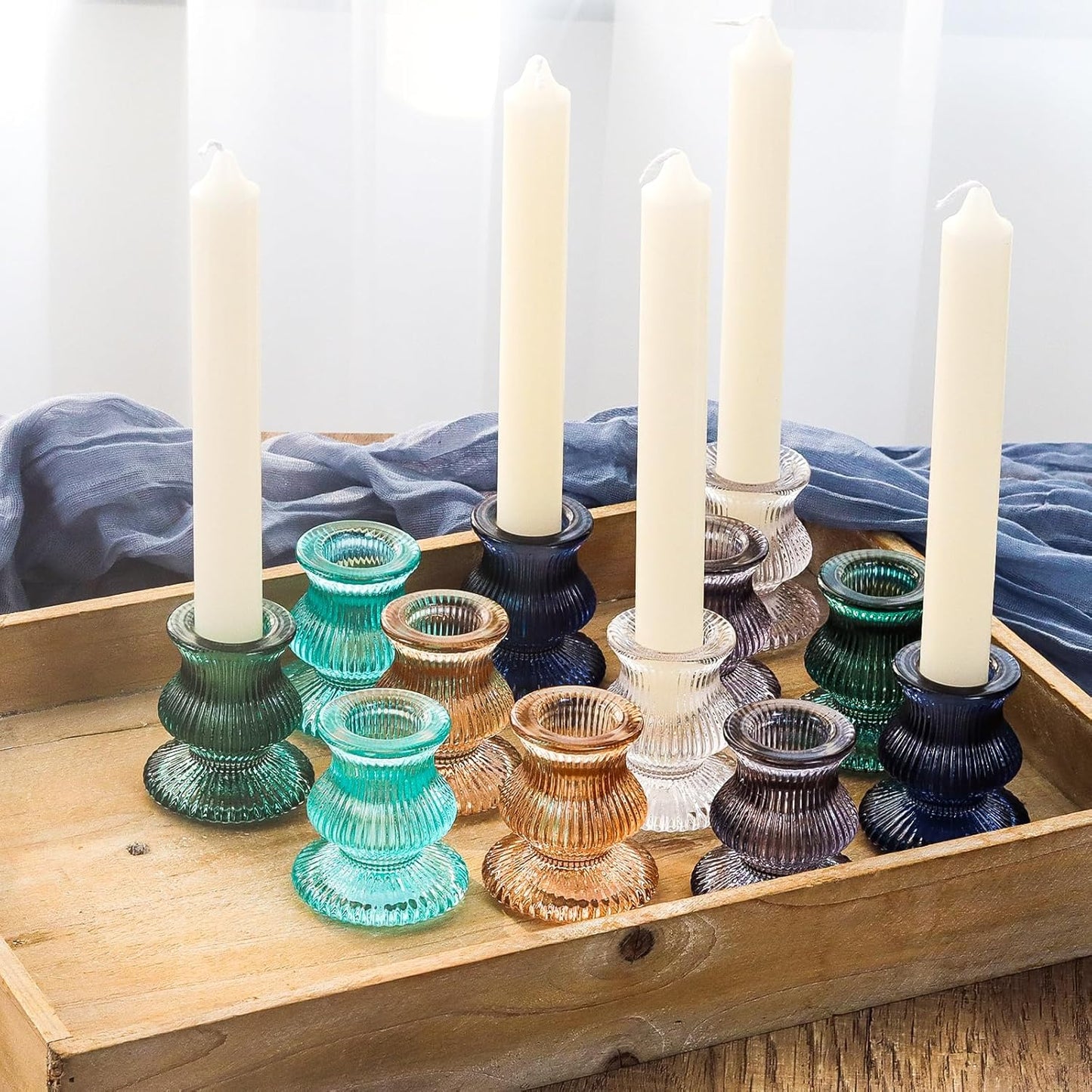 WDHODEC Christmas Taper Candle Holders 12PCS Glass Candlestick Holders for Table Centerpiece Colorful Candle Sticks for Wedding, Party and Winter Decoration(Blue&Green)