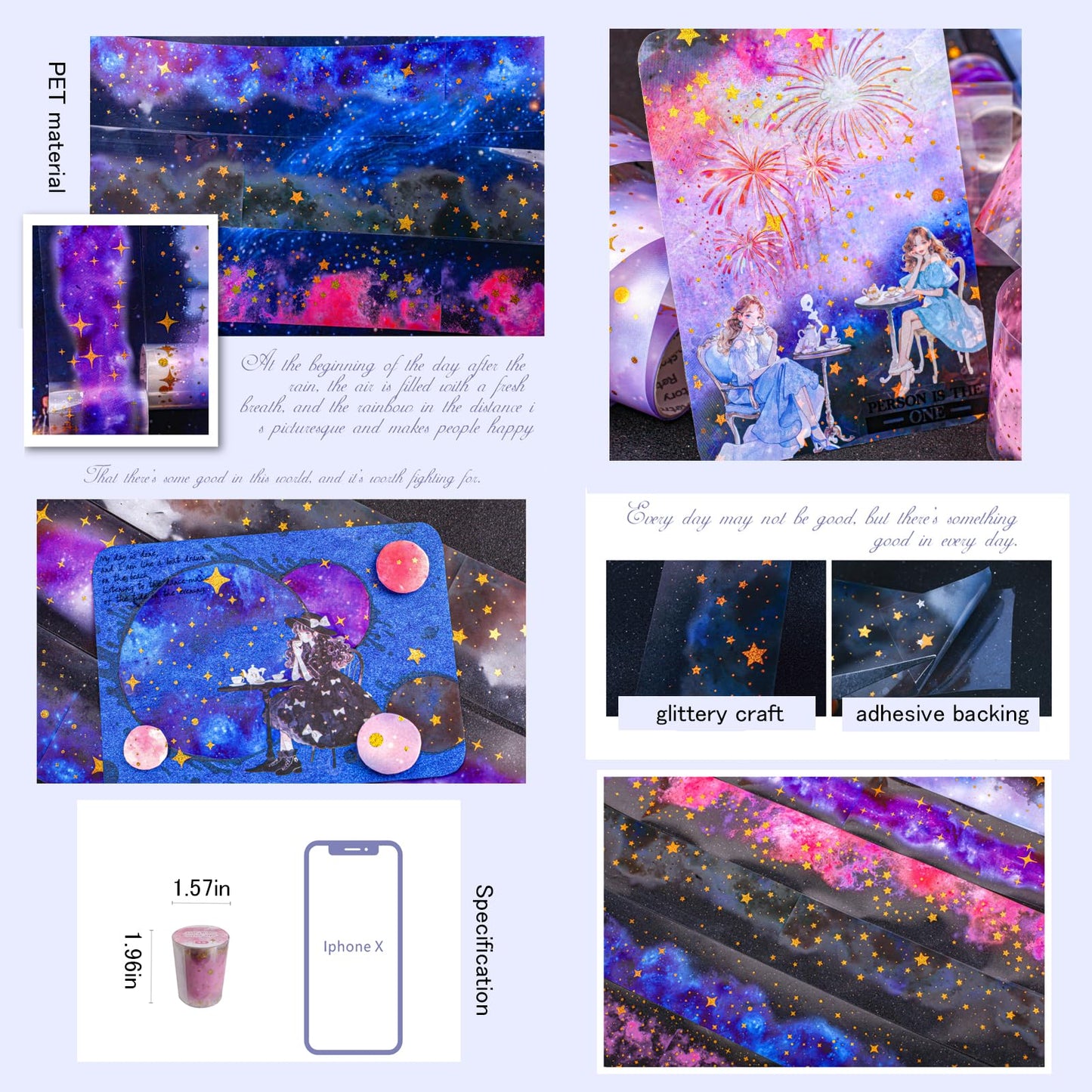 Frekyar Star PET Tape Stickers for Scrapbooking Supplies,6 Rolls of Holographic Starry Sky Themed Decorative Tape Stickers for Journaling, Junk Journal Supplies, DIY Crafts(Ripple)