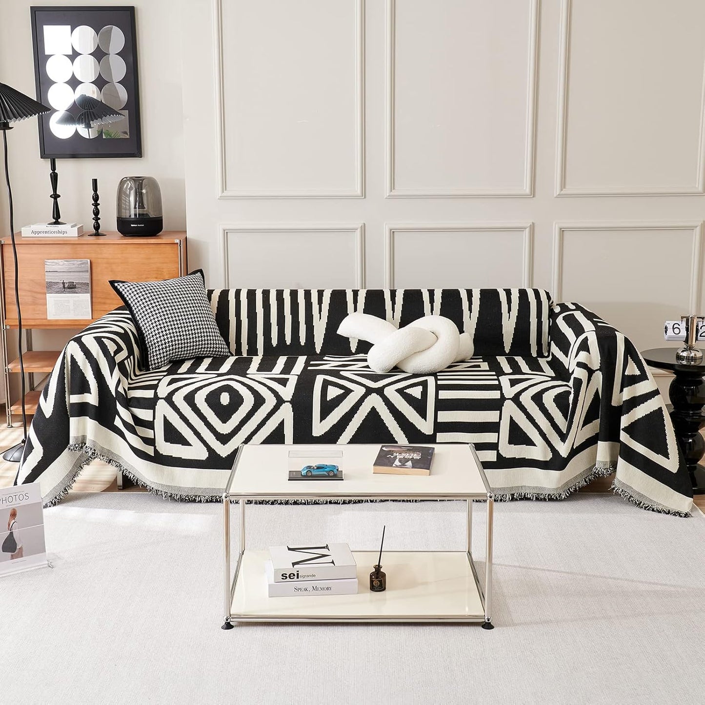 STACYPIK Modern Boho Sofa Cover for Dogs Chenille Couch Cover with Tassels Reversible Anti Slip Sofa Slipcover for 3 Cushion Couch Soft Black Beige L Shaped Cover Multi-Use Throw Blankets-71X134IN