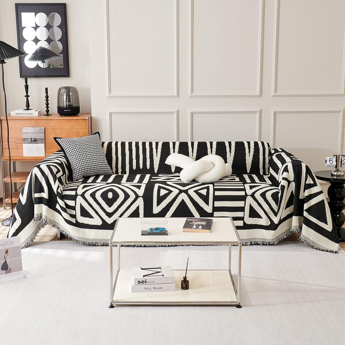 STACYPIK Boho Black Beige Couch Cover Wrinkle Resistant Sofa Cover for Cat Dog Geometric L Shaped Slipcover for Sectional Multi-Use Pet Protector for 2 Cushion Couch Tassels Recliner Cover-71x118IN