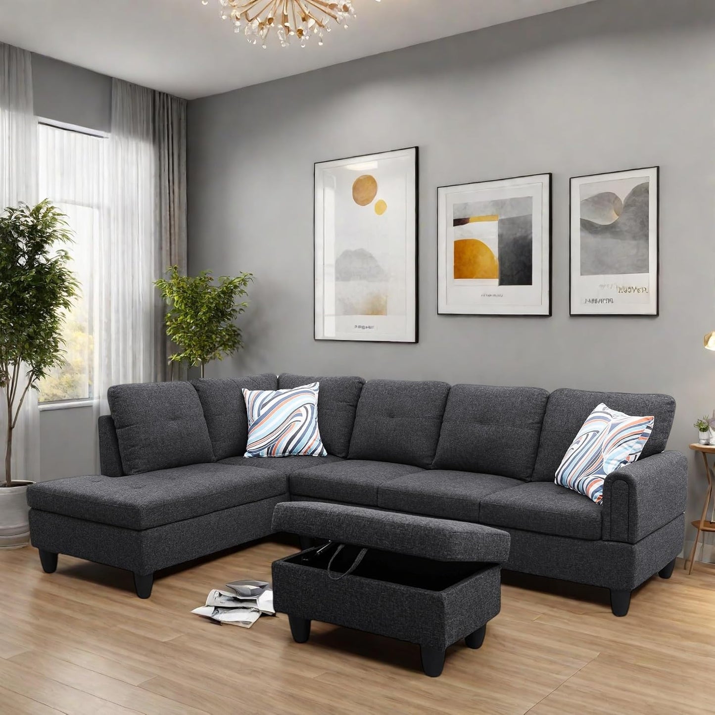 L Shaped Sectional Couches, Modern Modular Sectional Sofa for Living Room Bedroom Furniture, Comfy 4 Seat Couch with Ottoman Storage & Chaise, Black Gray
