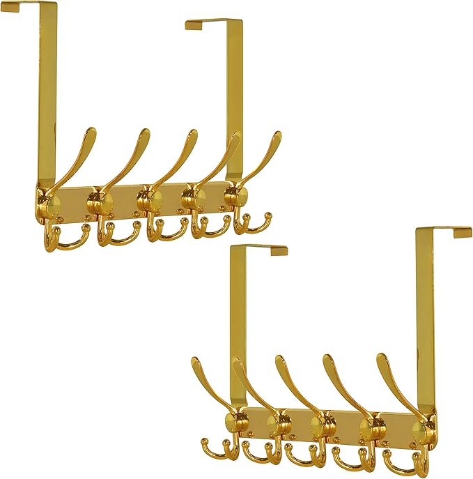 Dseap Over The Door Hook Hanger - 5 Tri Hooks, Heavy Duty Over The Door Towel Rack Coat Rack for Clothes Hat Towel, Gold, 2 Packs