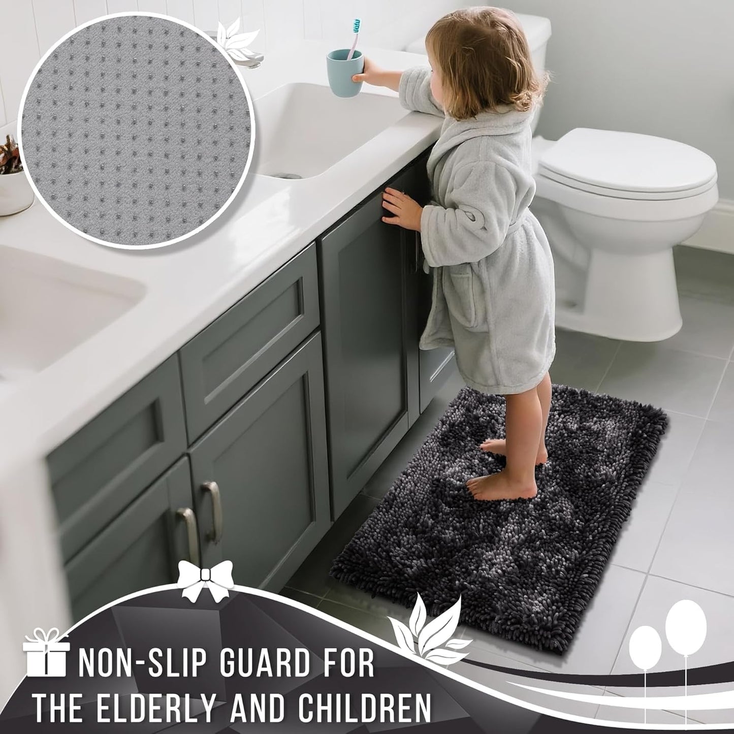 Yimobra Large Bathroom Rug Non Slip 36x24 Inch, Extra Thick Soft Absorbent Chenille Bath Mat, Machine Washable Quick Dry Bath Rugs for Bathroom Floor, Tub and Shower, Home Decor Accessories, Dark Grey
